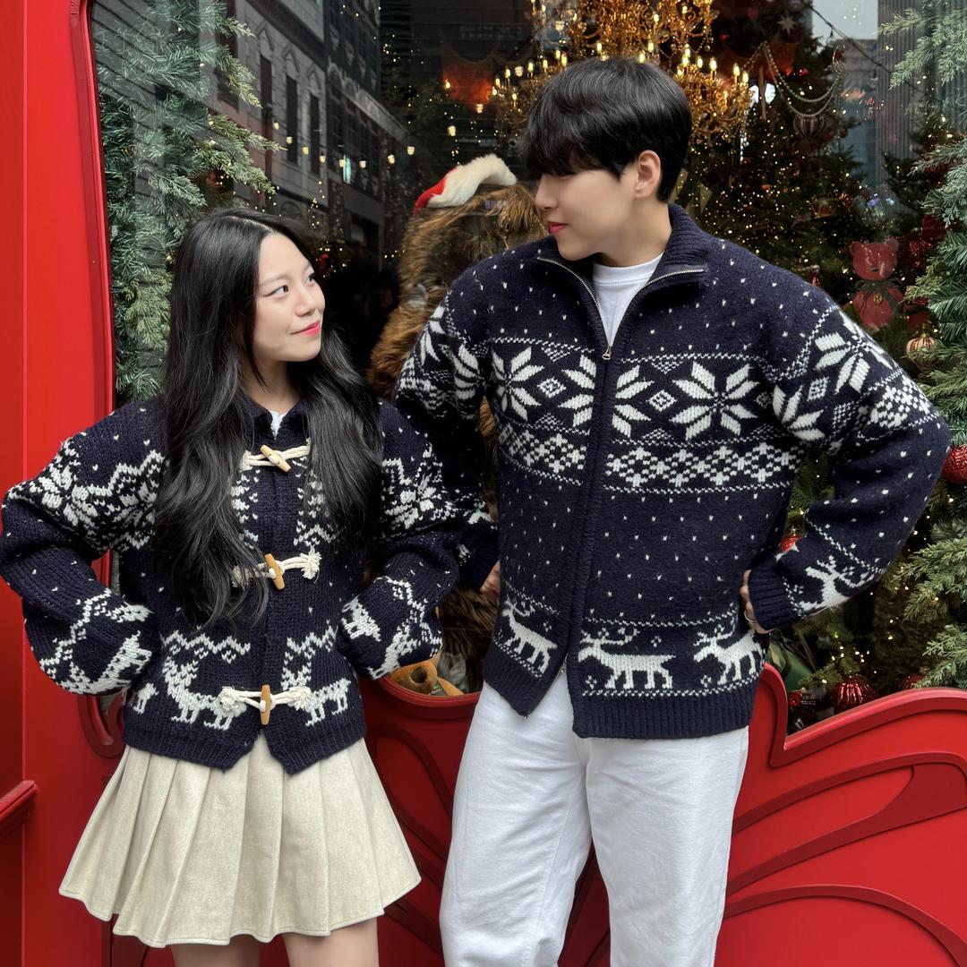 [몽쉘단독❄️] 크리스마스 겨울 눈꽃 노르딕 니트 더플 카라 자켓 집업 사슴 커플 시밀러룩