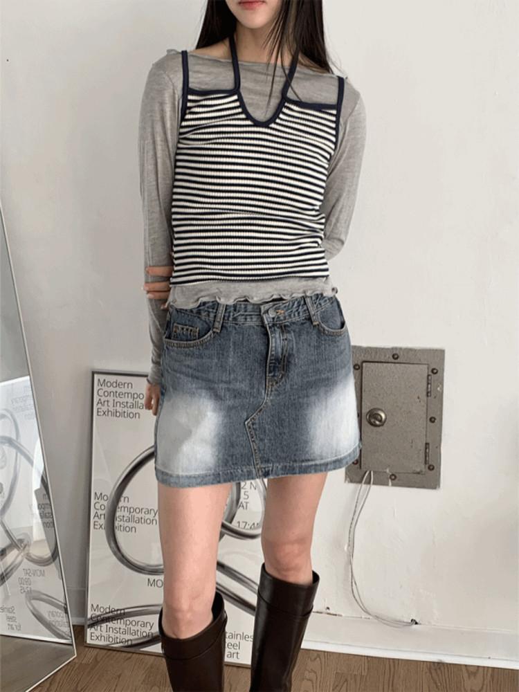 하퍼 로우라이즈 빈티지 워싱 진청 데님 미니스커트