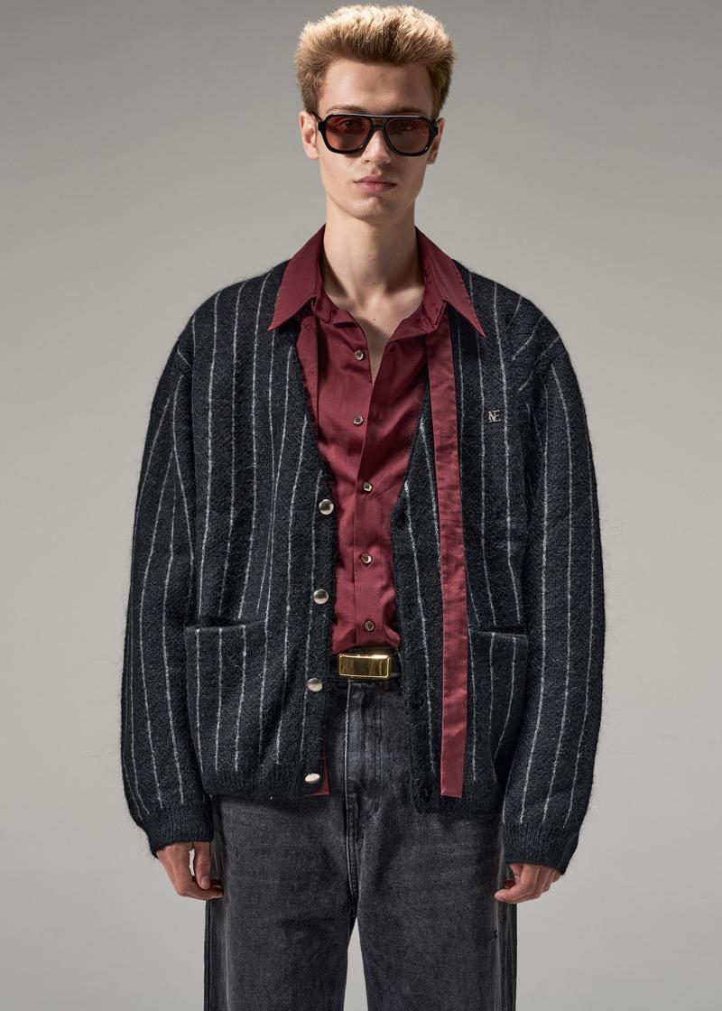 M STRIPE MOHAIR KNIT CARDIGAN - BLACK