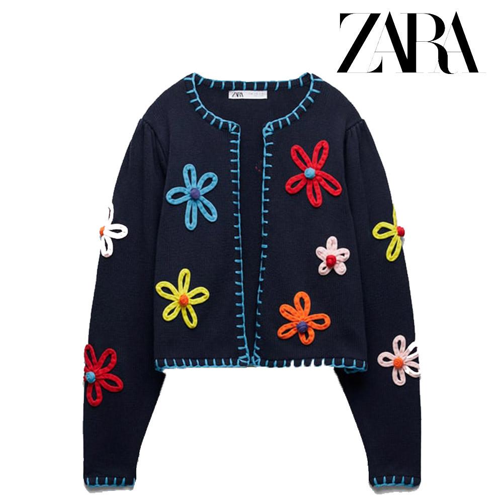 자라 가디건 여성 루즈핏 꽃 면100 네이비