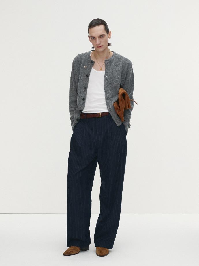 BABY ALPACA BRUSHED CREW NECK CARDIGAN_ MELANGE GREY