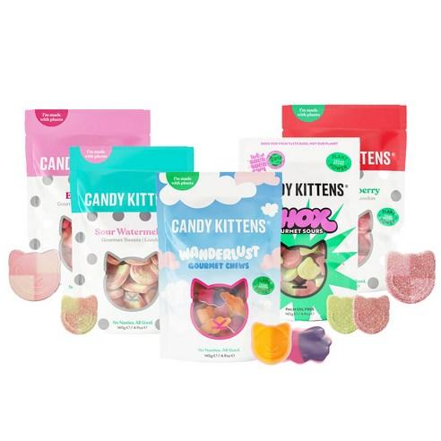 [영국 No1 고메 젤리] CandyKittens 캔디키튼스 비건 젤리 5종 혼합 선물 세트, 사우어워터멜론, 와일드스트로베리, 사우어워터멜론 - 츄잉젤리 | 쿠팡