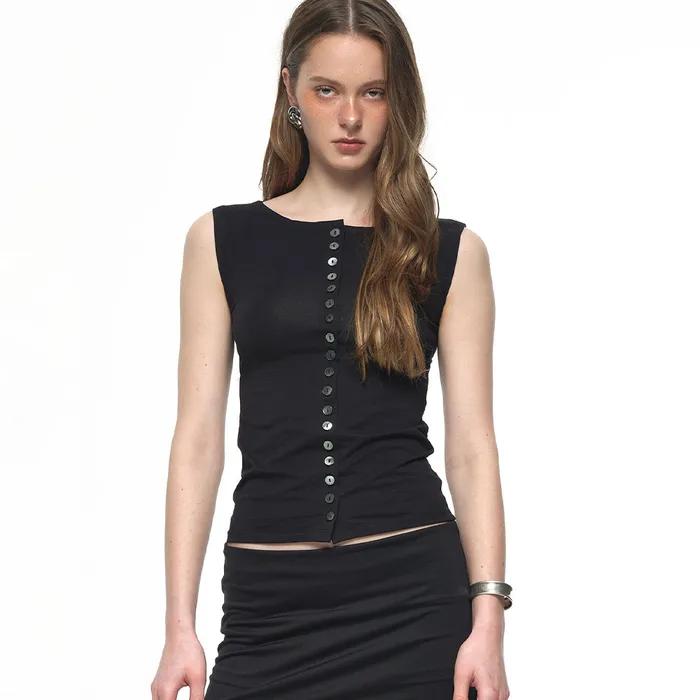 MOTHER OF PEARL BUTTON SLEEVELESS TOP (BLACK)
