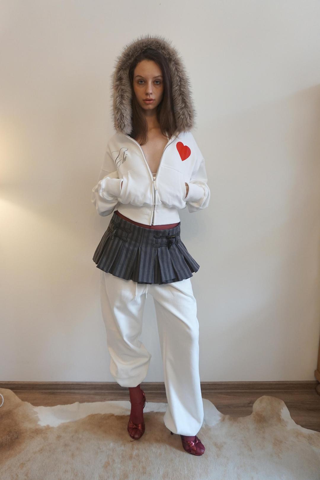 Faux Fur Trimming Hooded Zip-Up White