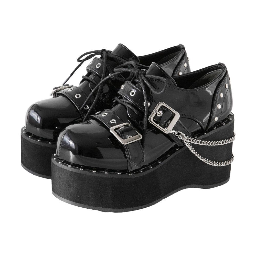 【新春セール】厚底スタッズチェーン地雷パンプス - エナメルブラック / 22.5cm