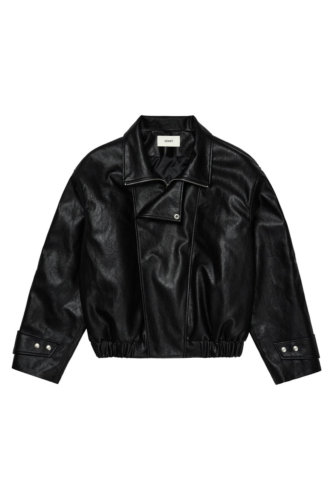 DEINET FAUX LEATHER BOMBER JACKET IN BLACK