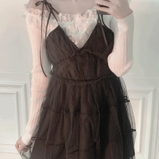 공주재질🤍 로맨틱 블랙 샤원피스 쉬폰원피스 캉캉원피스 레이스원피스 캉캉