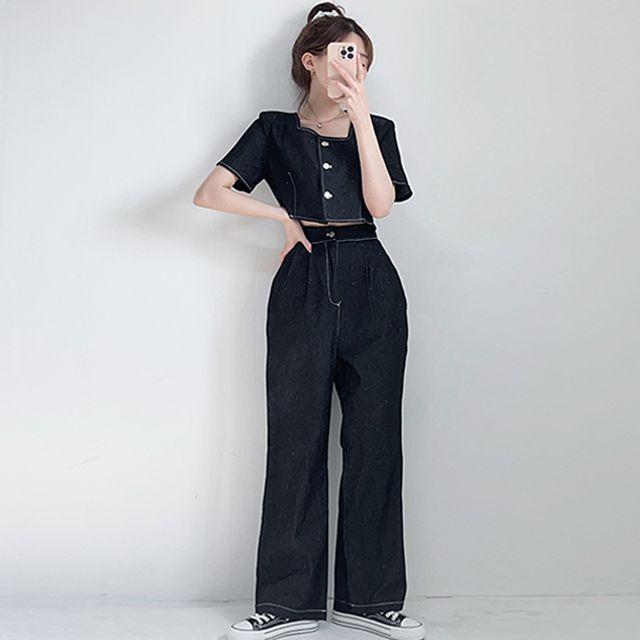 (2col) 바오 인생데님 스티치 데님 셋업 크롭 반팔 자켓 와이드 팬츠 세트_서링마켓