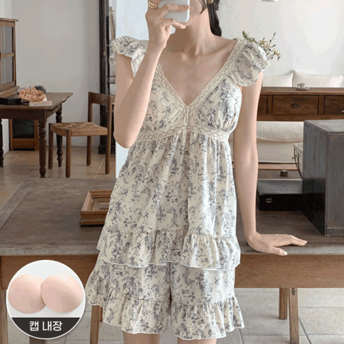 어나더뷰 [내장패드/2타입] 웬디 레이스 파자마 상하세트 원피스 홈드레스 우정 캡내장 잠옷 프릴 나시 민소매 no.1945