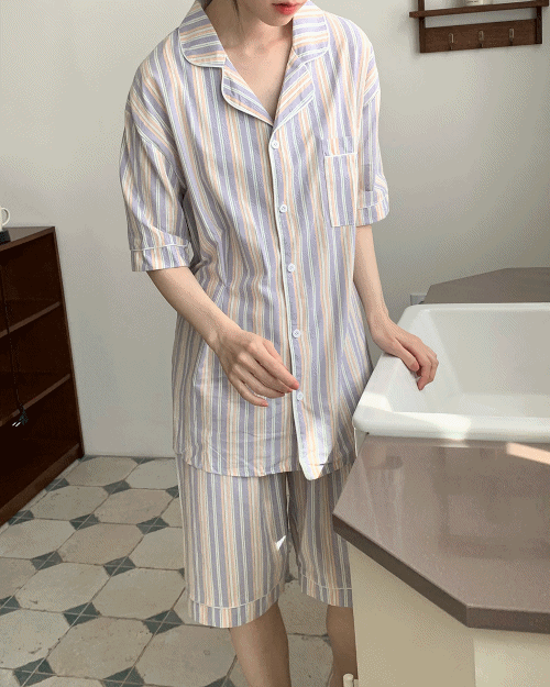 [unisex] 라벤더 면 오버핏 반팔 파자마 set