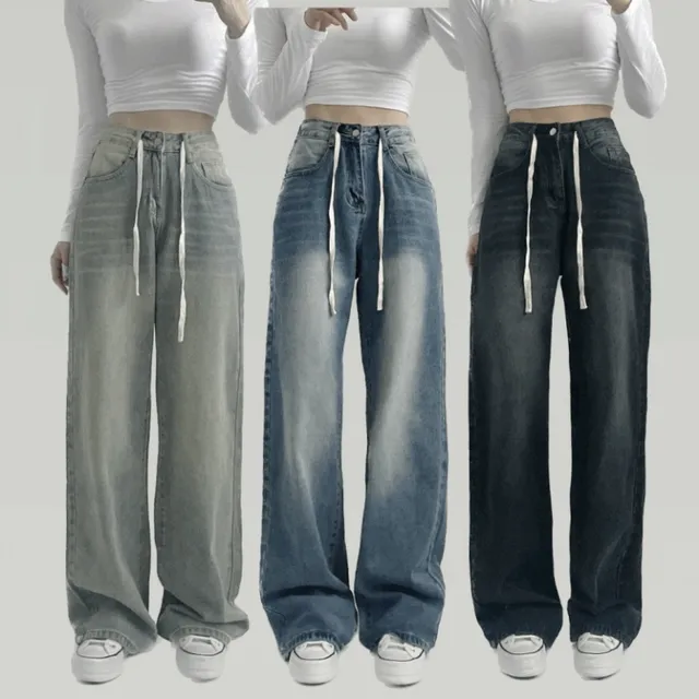 색감깡패💕빈티지워싱 스트링 하이웨스트 와이드 데님 롱팬츠 흑청 중청 진청 3color