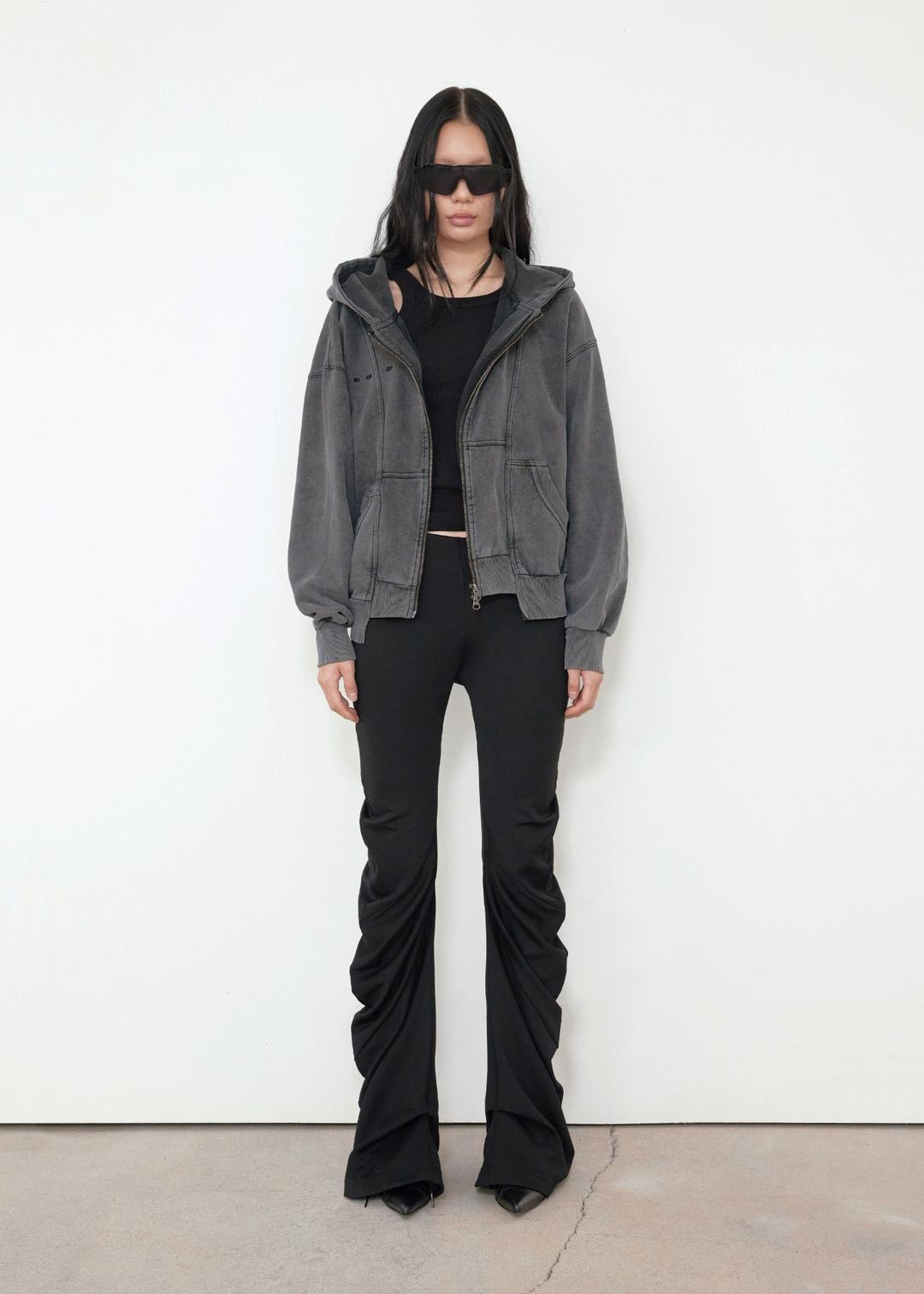 WASHED UNEVEN HEM HOOD ZIP-UP, OVER FIT