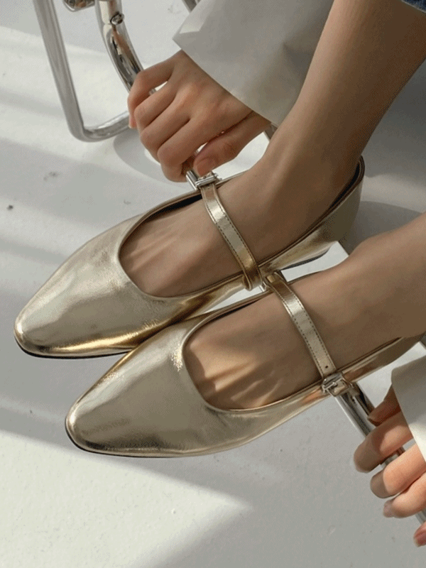 솔레이 메리제인 쿠션 단화 골드 실버 버클 스트랩 플랫슈즈