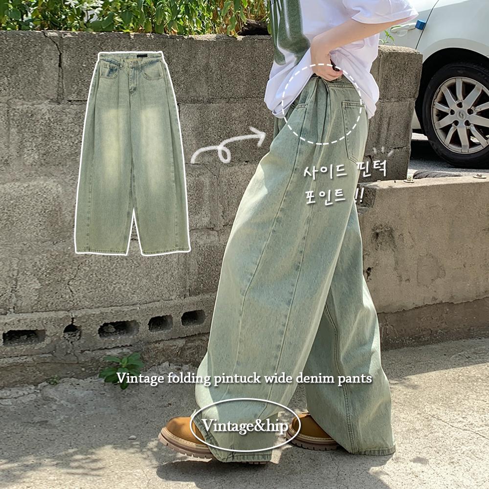 키키러브 👖팬츠1위/최저가*[핏보장🖤/숏&롱,S~XL] 필링 카시오 빈티지 워싱 사이드 핀턱 하이웨스트 롱 로우 와이드 데님 팬츠 바지 청바지 #키작녀 #키큰녀 빅사이즈 - 5color