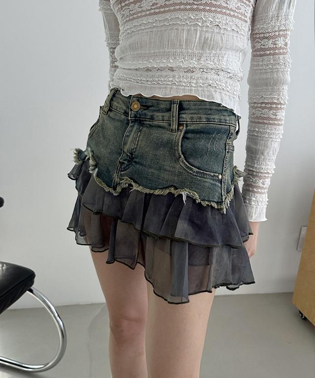 Aurora denim chiffon cancan mini skirt / 오로라 데님 쉬폰 캉캉 미니 스커트