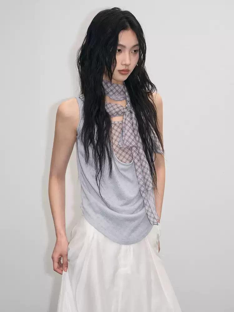 Lvetong Lazy Scarf Fake Two Piece Sleeveless Blouse