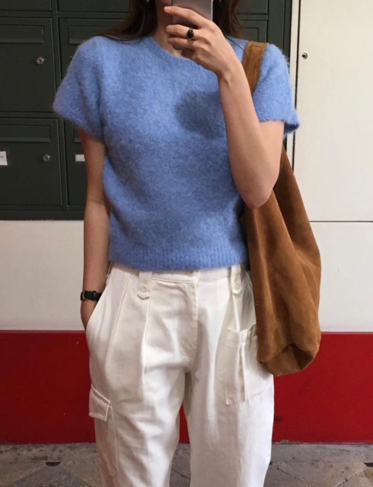 베이비블루SALE당일/ Founders 파운더스 플러피 알파카 라운드 니트 반팔 수리 알파카 크롭 비니 fluffy aplaca round knit 3color