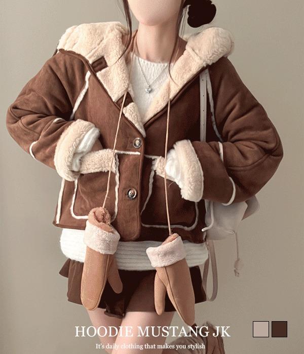 기프티박스 [무료배송] 브라운더 양털 배색 스웨이드 양털 후드 무스탕