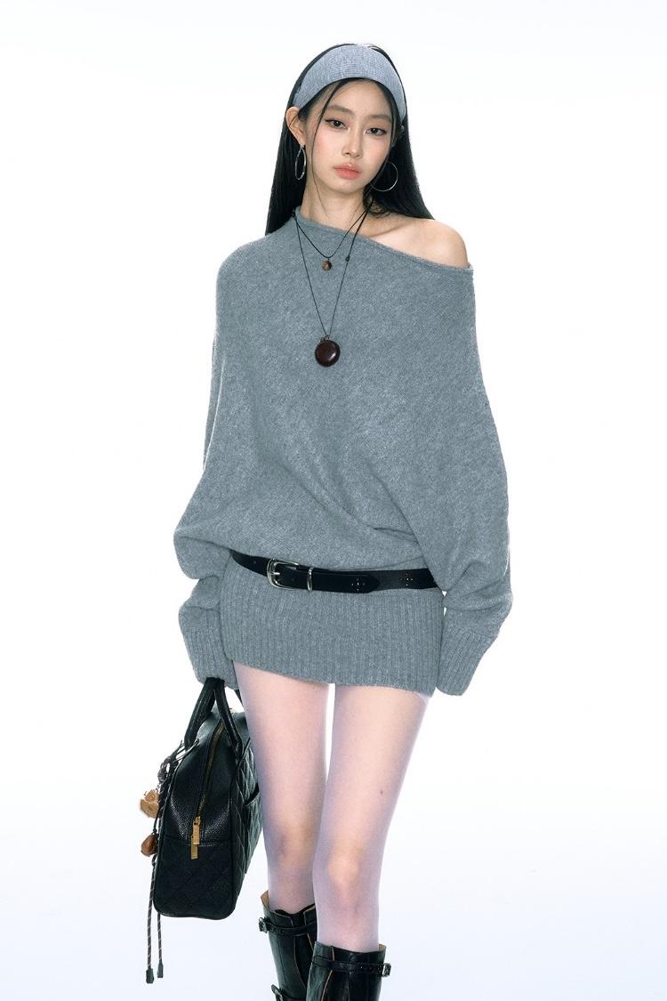 Curriges Shoulder Oblique Loose Long Sweater