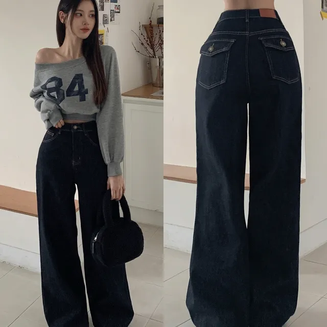 [따뜻융기모💜숏,롱VER] *기본&기모* 생지 뒷포켓 와이드 데님 팬츠 바지 융기모 하이웨스트 일자 롱 청바지 빅사이즈 흑청 S-XL 1COL