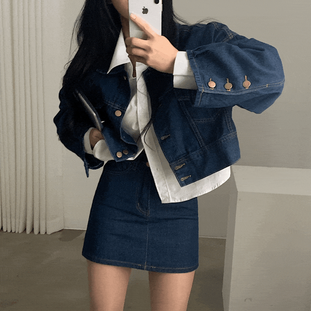 당일발송｜[셋업맛집] 데님 스티치 숏자켓+스커트 투피스/세트