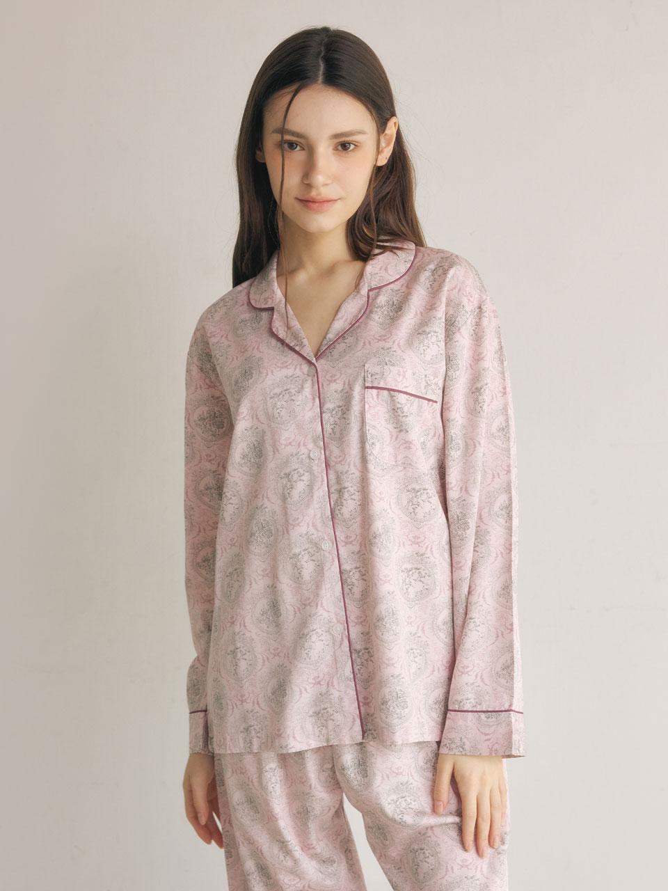 여성 프리베 모달코튼 긴소매 카라 투피스 잠옷 25-05231