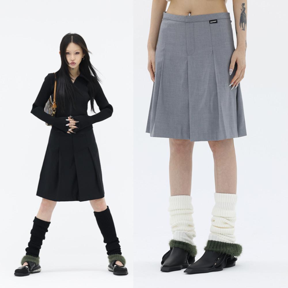 MYFUZZYKON 메이야퍼지콘 미디 스커트 플리츠 스커트 그레이 블랙