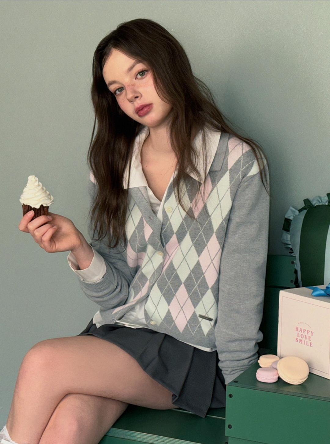 트위 로민 아가일 카라 긴팔 가디건