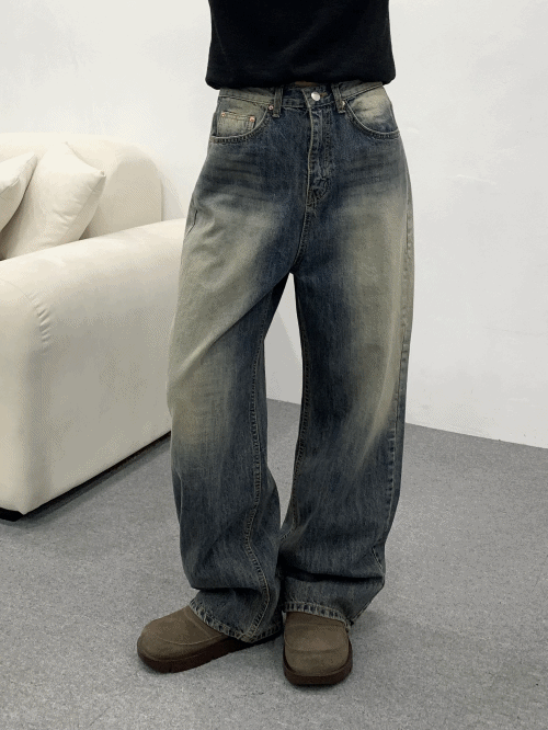 유데모닉 빈티지 사이드 워싱 진청 와이드 데님 팬츠