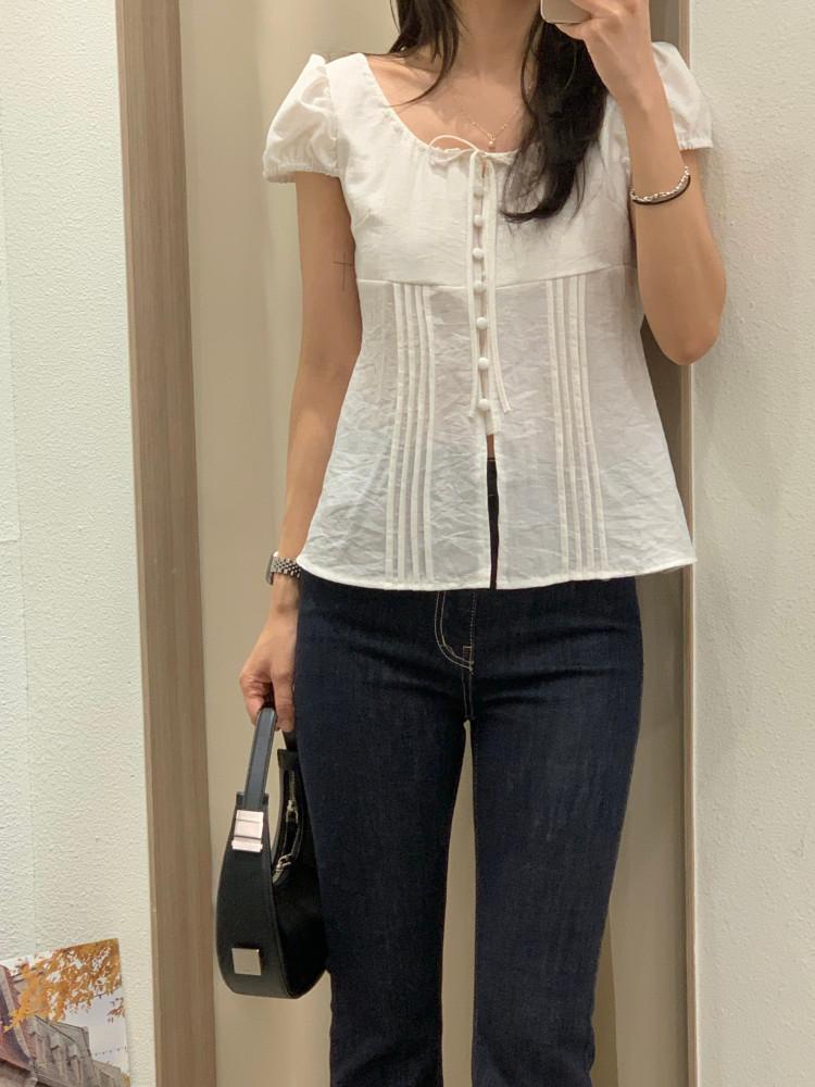 (온비전) 루앤 린넨 캡소매 핀턱 블라우스