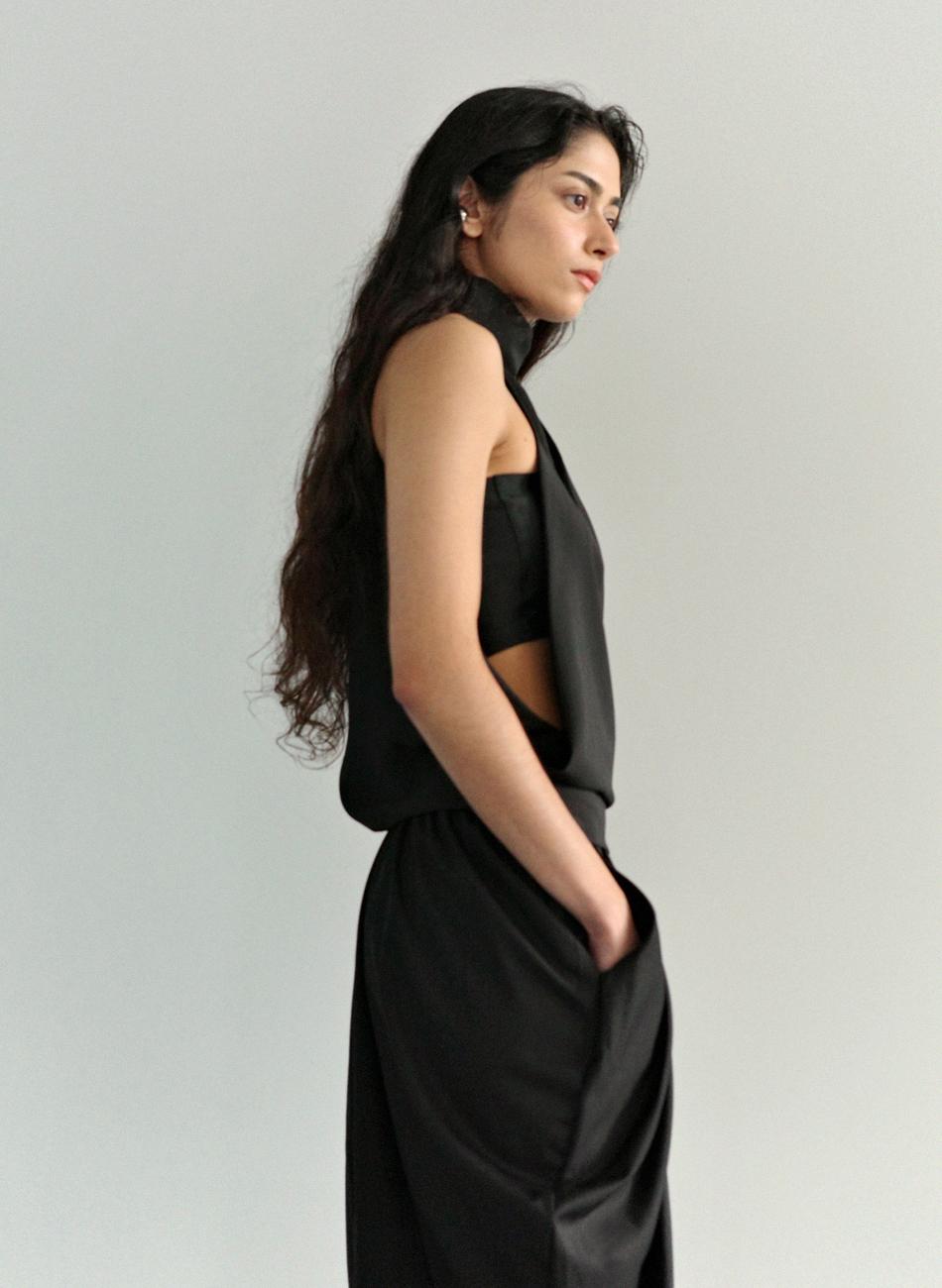 high neck black blouse