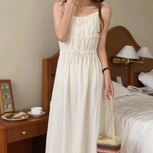 레앙 프릴 셔링 나시 원피스 OPS9037 여름 주름 리본 매듭 밴딩 A라인 이너 페미닌