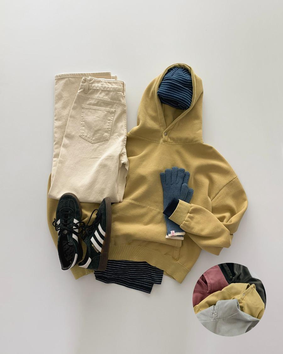 피그먼트 넥-버튼 후디드 크롭 스웨트셔츠