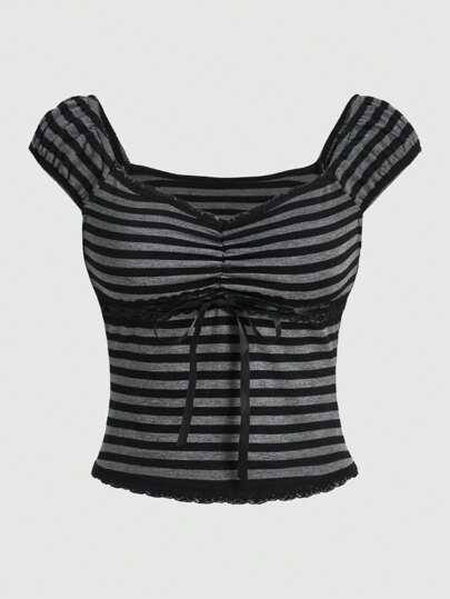 ROMWE Goth V-Neck Striped Women Casual T-Shirt With Bow Decoration, School