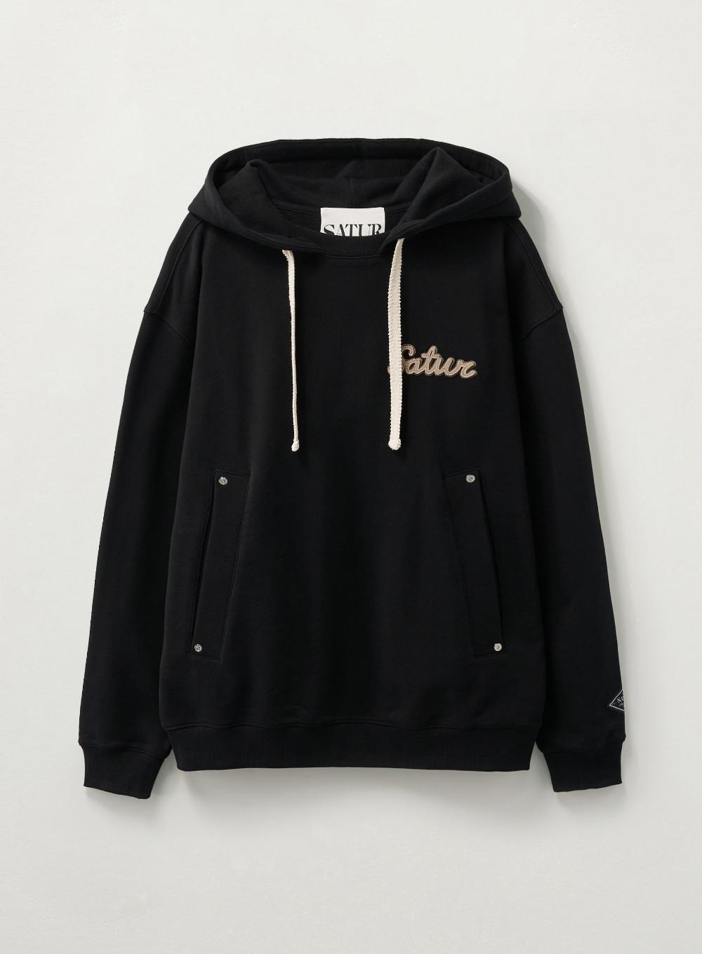 Satur Applique Round Neck Hoodie - Black