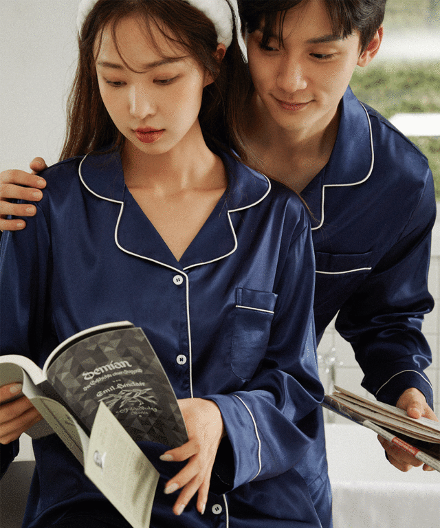 [3만장 돌파] 안파 커플 잠옷 파자마 홈웨어 선물 집들이 수면 신혼부부 무지 고급 실크 긴팔 세트 ANPA03