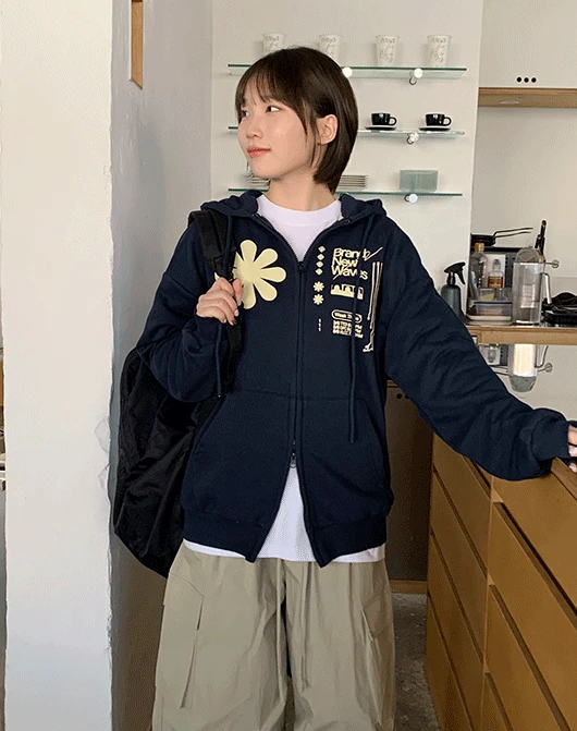 [unisex] 아오이 플라워 프린팅 투웨이 오버 후드 집업 (3color)