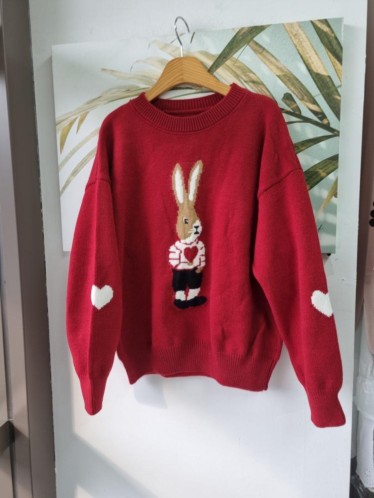 02489 겨울 루즈핏 토끼니트 자수 라운드 나염