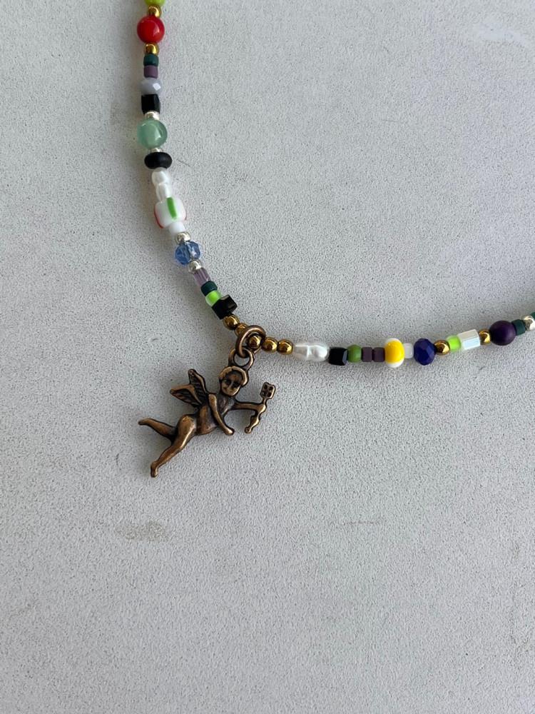 [스트링더비즈] 원석 믹스 천사 펜던트 목걸이 (dark ver)