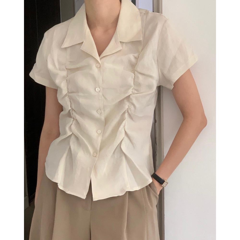 BOLD 볼드 린넨 투셔링 반팔 블라우스 카라 크롭 페미닌 bl (3colors)