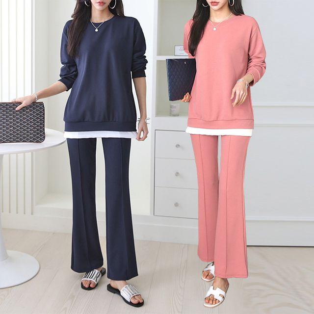 [세트가격] 링클프리 레이어드 맨투맨 긴팔 티셔츠 세미 부츠컷 스판 밴딩팬츠 트레이닝 세트 츄리닝 캐주얼 간절기 -BPST0118- 빅사이즈 루즈핏 오버핏 봄 가을