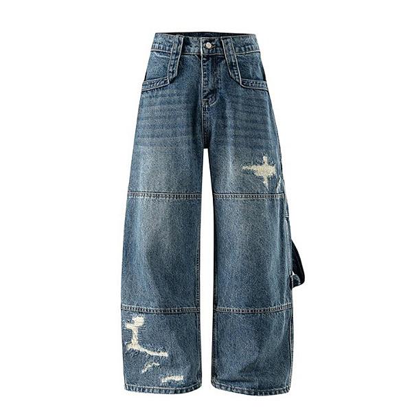 Blue Horizontal Stitch Pintuck Damages Denim Pants (3090)