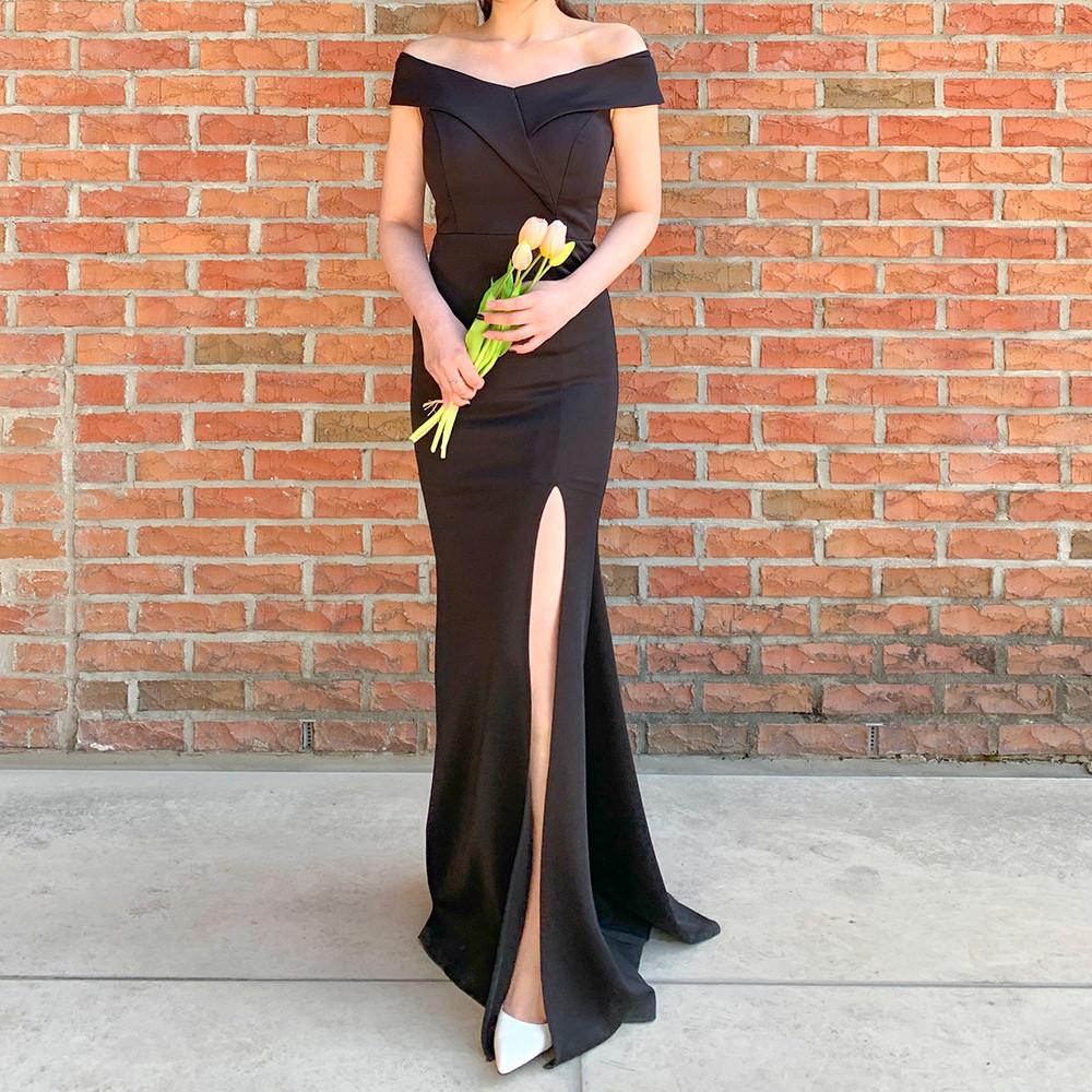 (S~2XL)셀프웨딩 샤론 블랙 오프숄더 머메이드 트임 롱 드레스 2부 피로연 캐주얼촬영 원피스