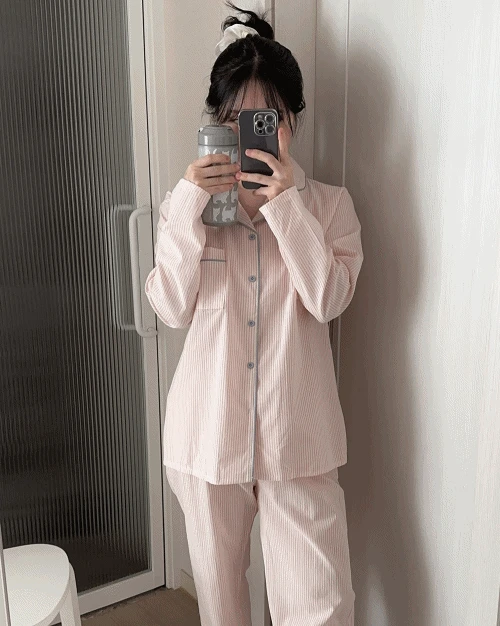 [unisex] 베넷 면 오버핏 긴팔 파자마 set
