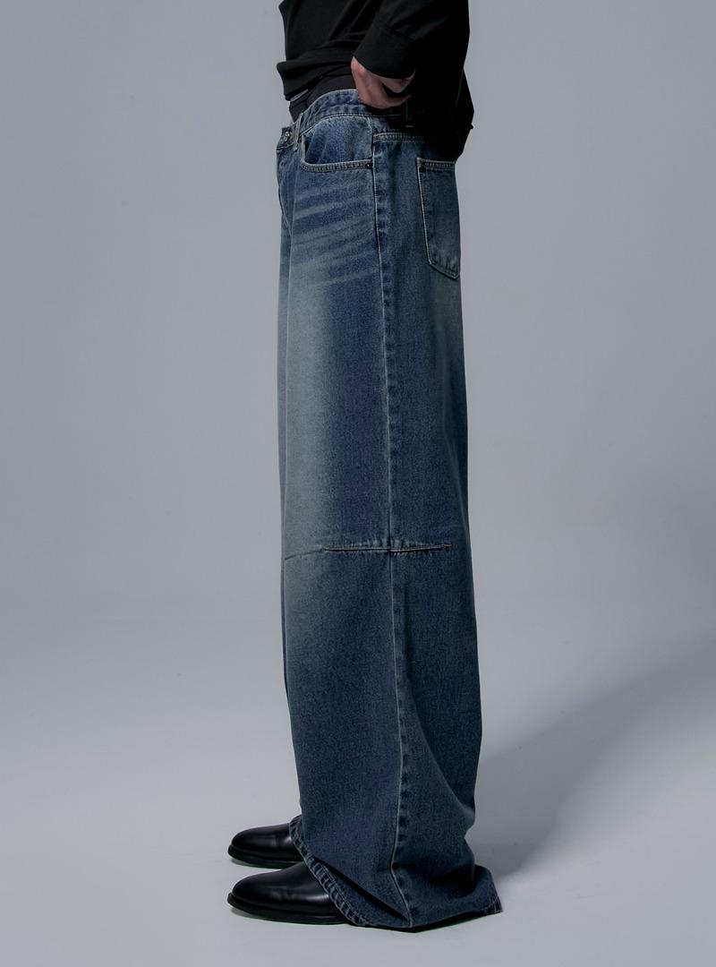 [M9657] 워시드 절개 와이드 데님 (중청)
