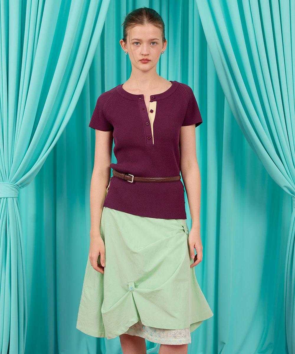 BUTTON HENRYNECK CUT-OFF KNIT / purple