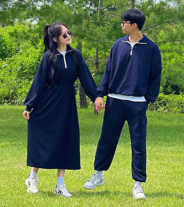 [기모선택] 반집업 롱원피스 반집업 맨투맨 커플 시밀러룩 커플룩 허리스트링 원피스 가을 겨울 원피스