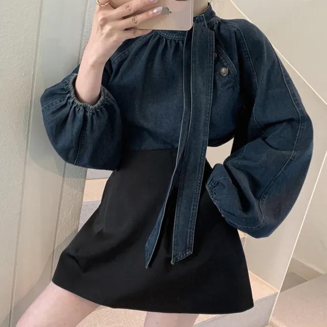 볼륨 데님 퍼프블라우스(타이set)