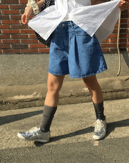 유메 핀턱 a라인 하프 pants (blue)