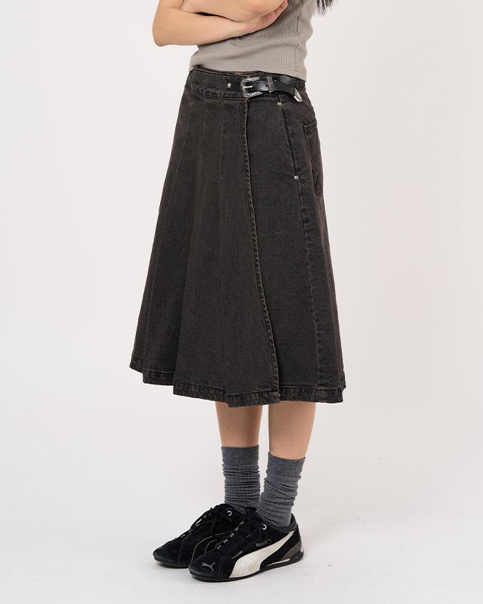 벨티드 플리츠 데님 미디 스커트
